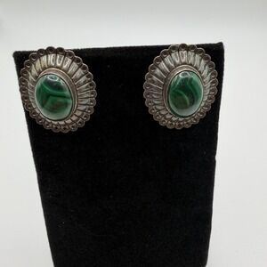 Vintage Navajo RB Running Bear Sterling Silver Malachite Concho Stud Earrings